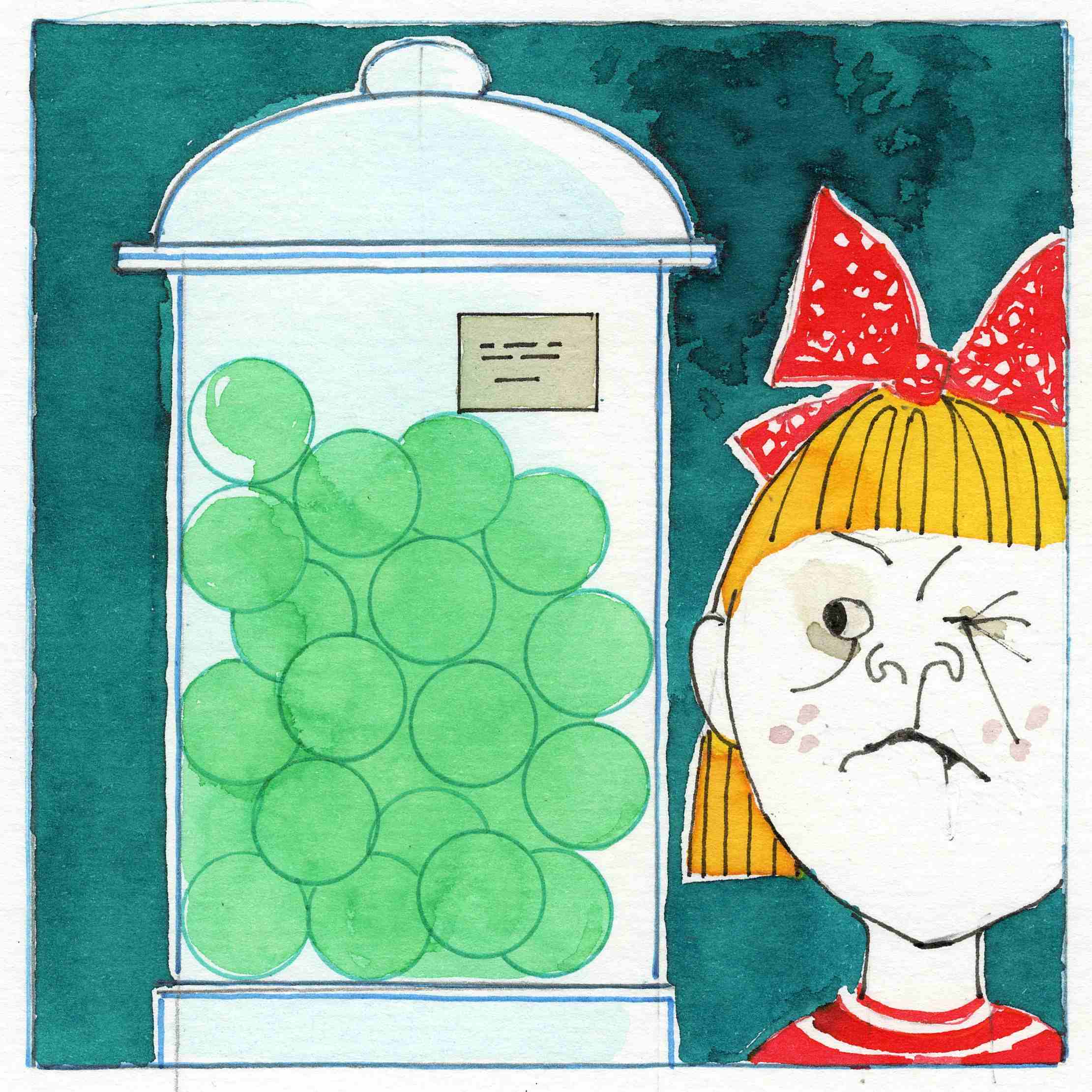 Round green boiled sweets with a tart flavour.
