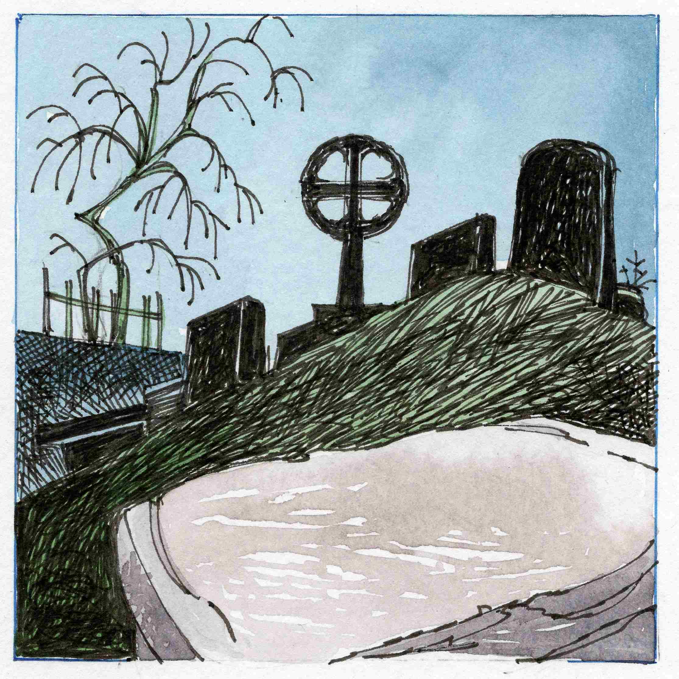 A large stone on which a coffin was rested on its way to a churchyard.